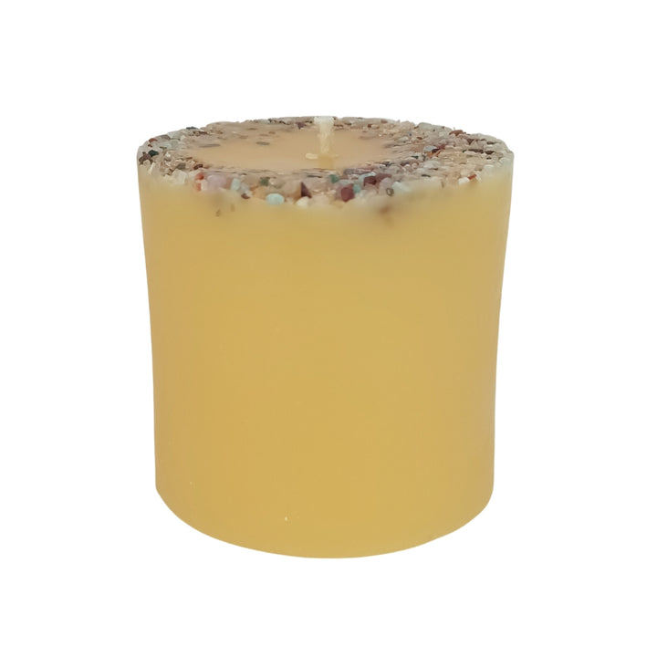 Crystal Chip Topped Beeswax Pillar - Hand poured, Pure Australian Beeswax Candle