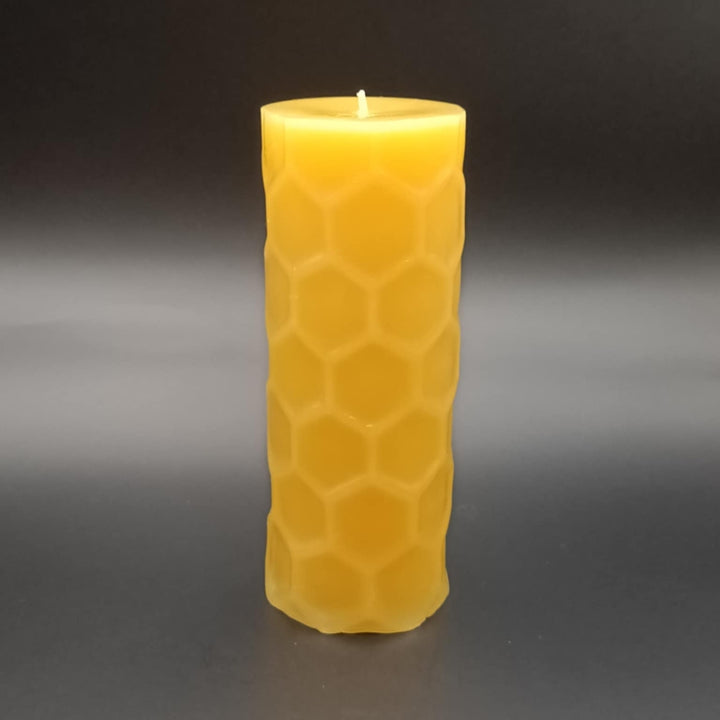Hand-poured pure Australian beeswax honeycomb pillar candle by Suz E Bee Candles, Port Stephens NSW