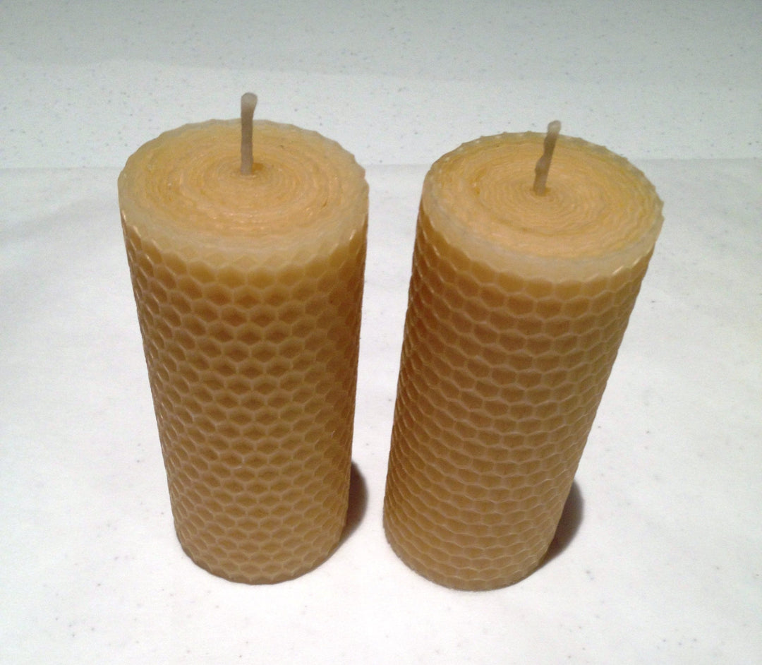 10cm medium hand-rolled pure Australian beeswax pillar candle with honeycomb pattern — Suz E Bee Candles, Port Stephens NSW