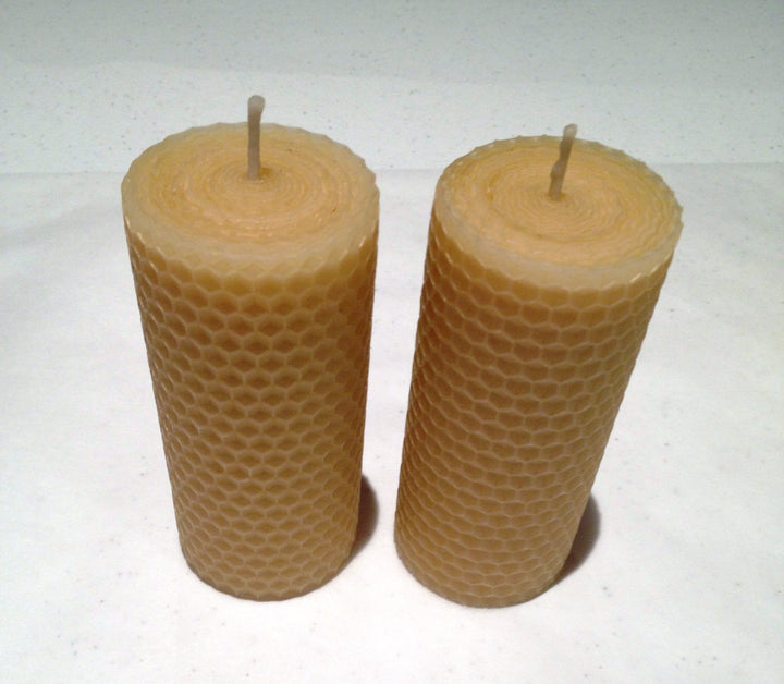 10cm medium hand-rolled pure Australian beeswax pillar candle with honeycomb pattern — Suz E Bee Candles, Port Stephens NSW