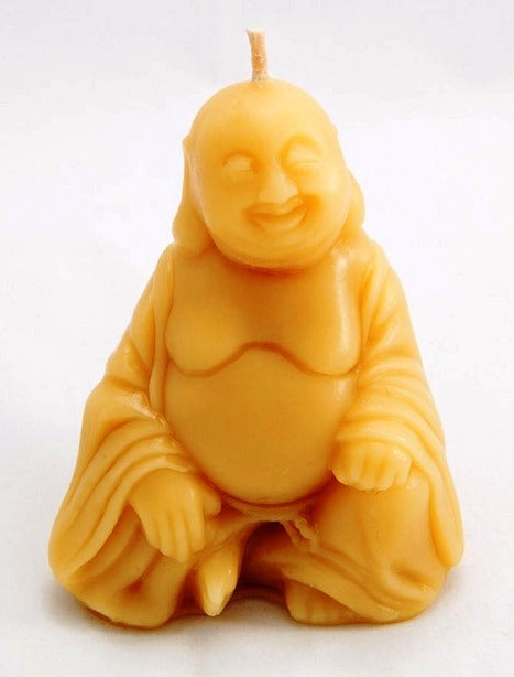 Front view of hand-poured pure Australian beeswax laughing Buddha candle showing robe detail — Suz E Bee Candles, Port Stephens NSW