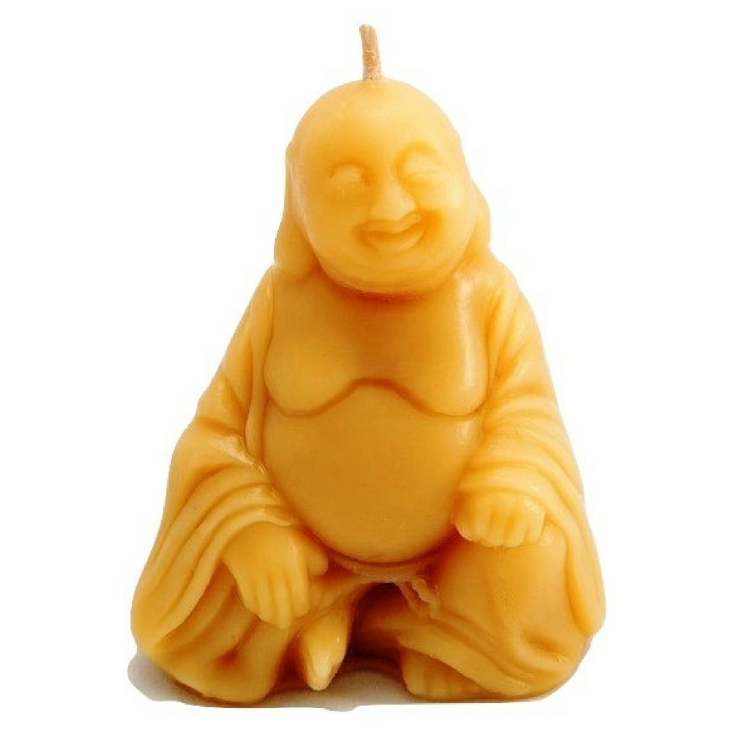 Hand-poured pure Australian beeswax laughing Buddha candle with detailed face and robes by Suz E Bee Candles, Port Stephens NSW