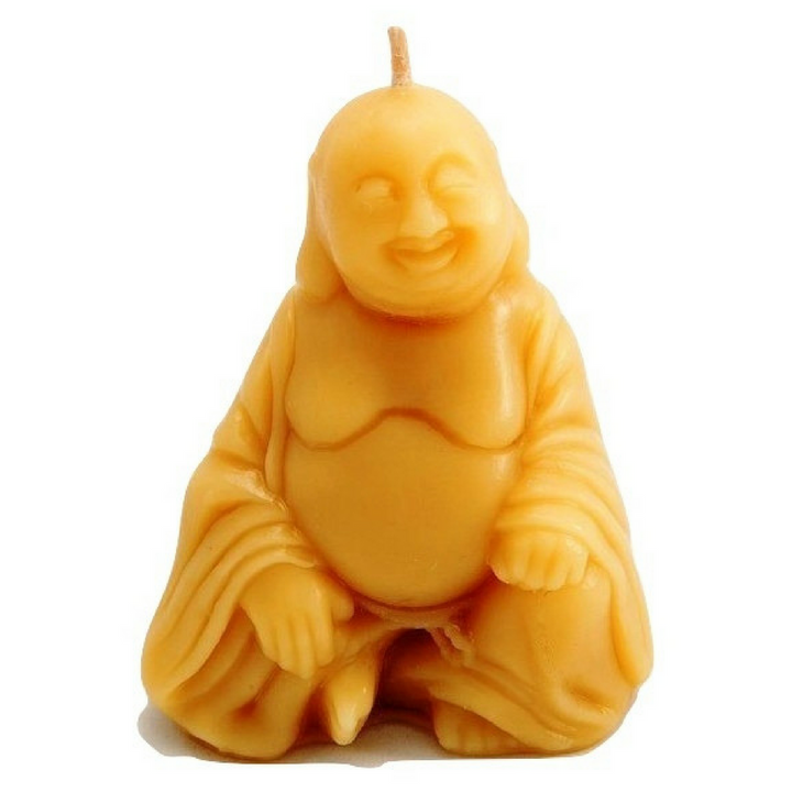 Hand-poured pure Australian beeswax laughing Buddha candle with detailed face and robes by Suz E Bee Candles, Port Stephens NSW