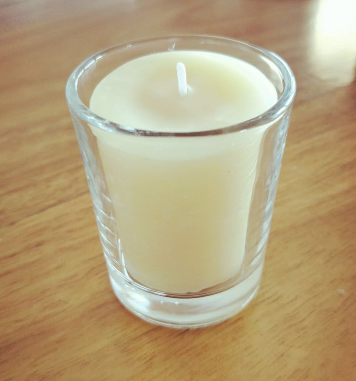 Pure Australian beeswax votive candle in clear glass holder — Suz E Bee Candles, Port Stephens NSW